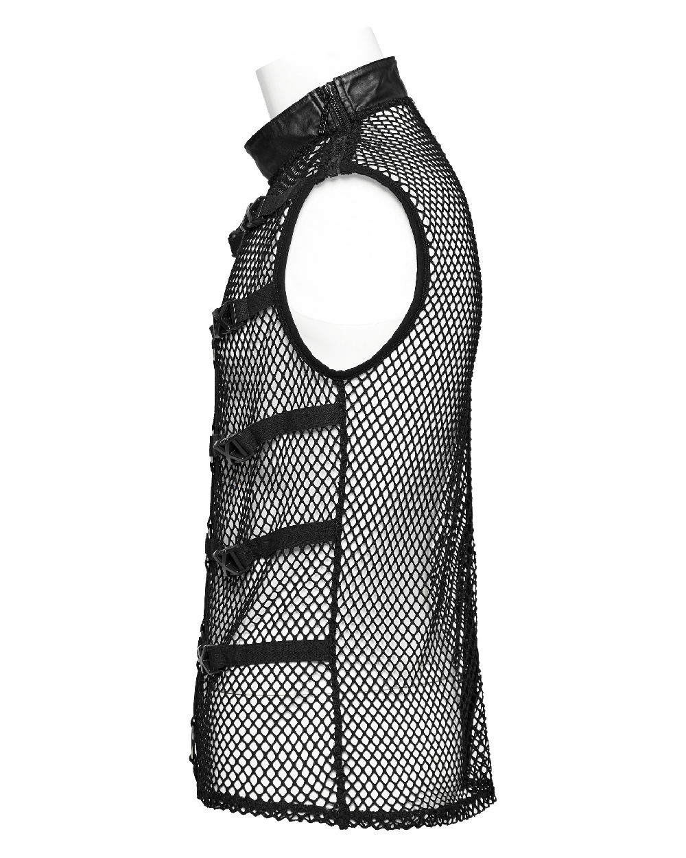 Punk style mesh vest featuring rubber buckles and iron rings, perfect for bold gothic fashion statements.