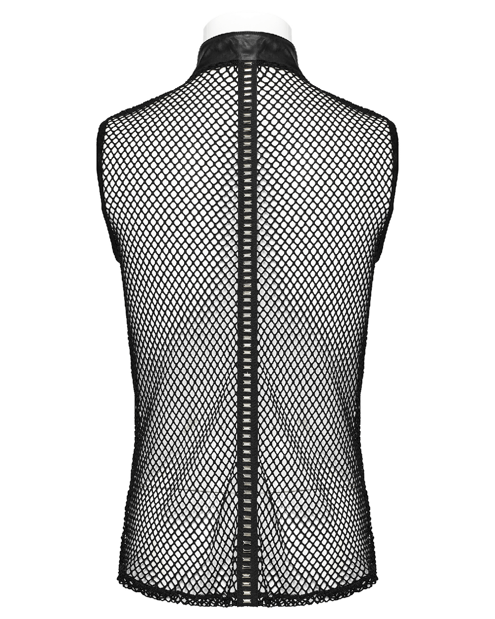 Back view of a punk style mesh vest with a unique design, featuring shoulder zippers and rubber buckles.