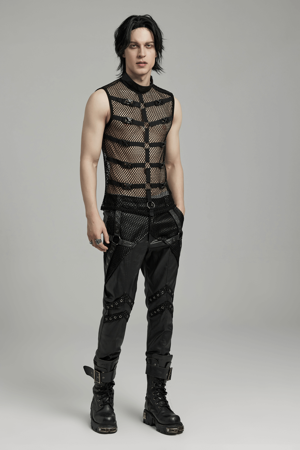Punk style mesh vest with rubber buckles and iron rings for men, showcasing a bold gothic fashion statement.