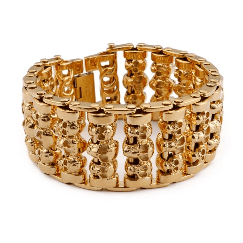 Punk style men's gold bracelet with skull charm inserts made of stainless steel, perfect for trendy accessories.