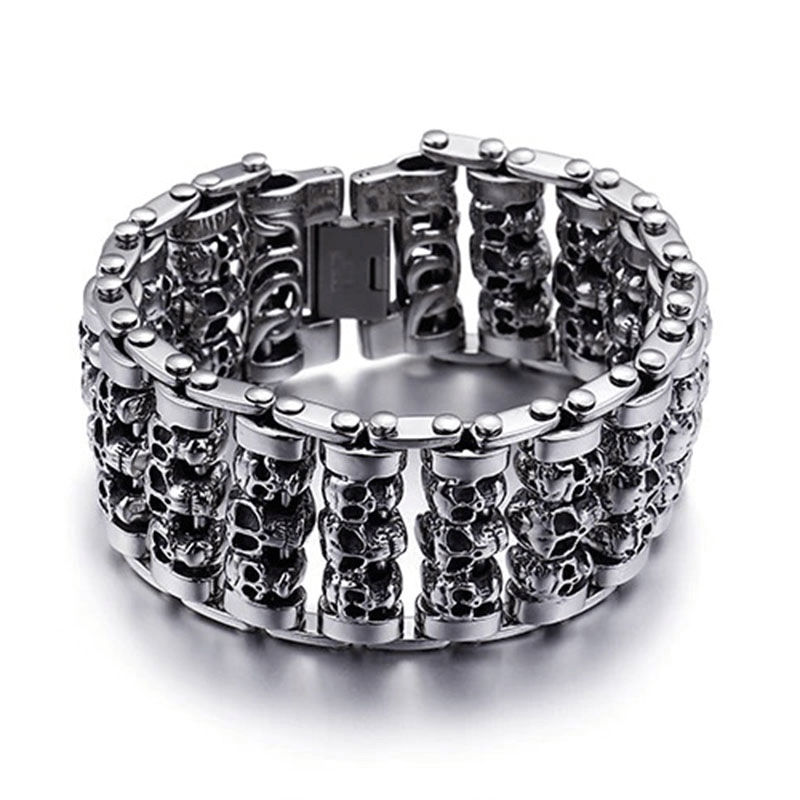 Punk style skull charm bracelet for men, wide stainless steel accessory with skull design, perfect for trendy outfits.