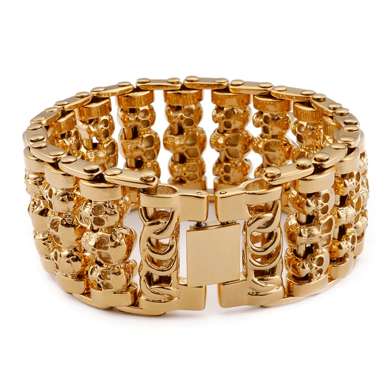 Punk style gold skull charm bracelet for men, made of durable stainless steel, perfect trendy accessory.