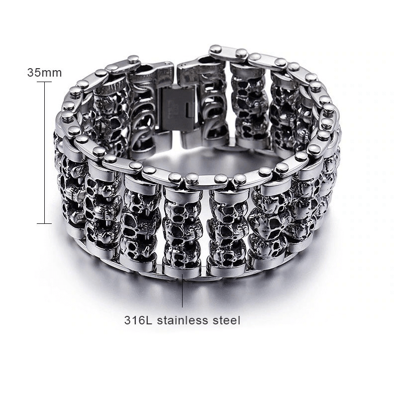 Punk style men's bracelet featuring multiple skull heads, made of durable 316L stainless steel, 35mm wide.