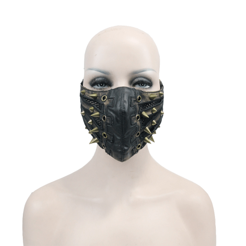 Punk Style PU Leather Mask with Spikes and Mesh / Brown Masks with Rubber Bands to Grip the Ear - HARD'N'HEAVY