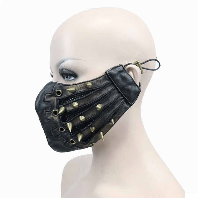 Punk Style PU Leather Mask with Spikes and Mesh / Brown Masks with Rubber Bands to Grip the Ear - HARD'N'HEAVY