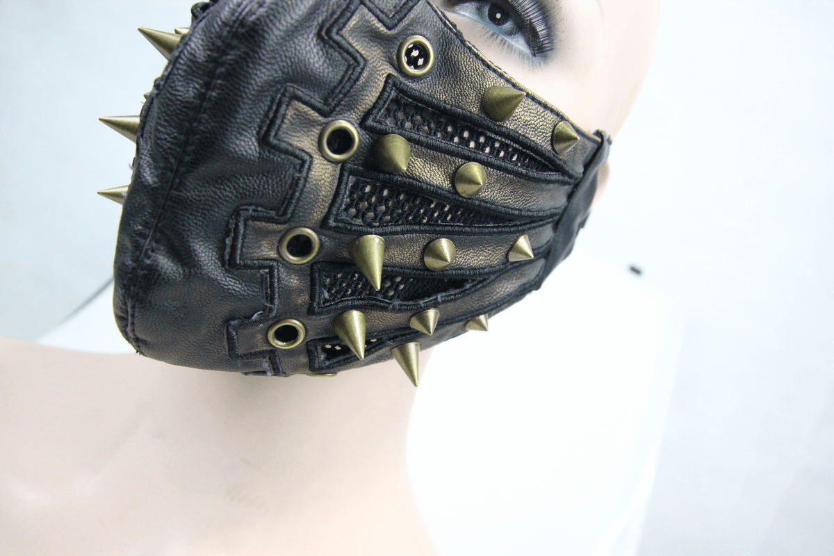 Stylish unisex black PU leather mask with spikes and mesh, perfect for a punk fashion statement.