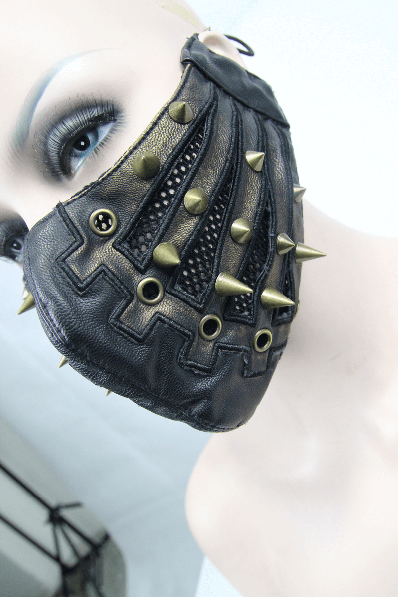 Punk style black PU leather mask with spikes and mesh for unisex fashion, featuring bronze decorative spikes and ear grip.