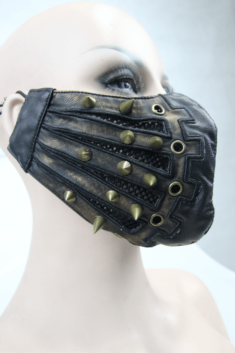 Punk Style PU Leather Mask with Spikes and Mesh / Brown Masks with Rubber Bands to Grip the Ear - HARD'N'HEAVY