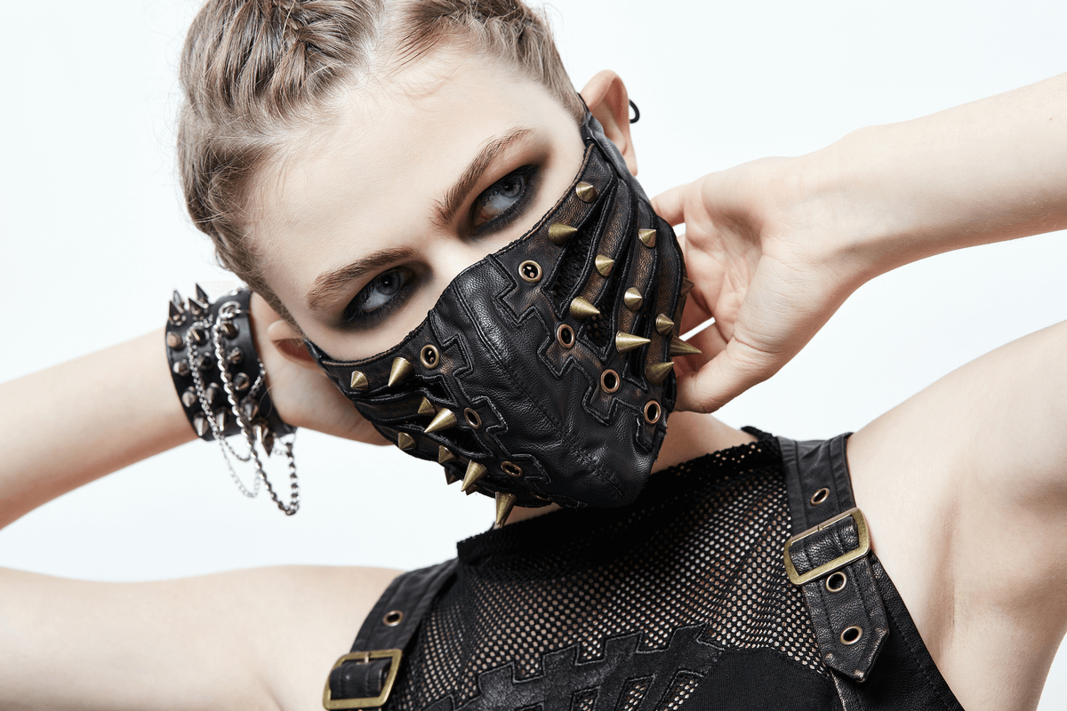 Punk Style PU Leather Mask with Spikes and Mesh / Brown Masks with Rubber Bands to Grip the Ear - HARD'N'HEAVY