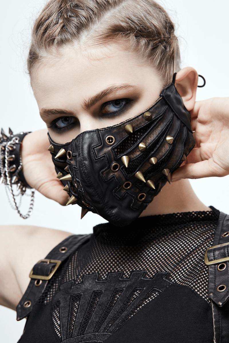 Punk Style PU Leather Mask with Spikes and Mesh / Brown Masks with Rubber Bands to Grip the Ear - HARD'N'HEAVY