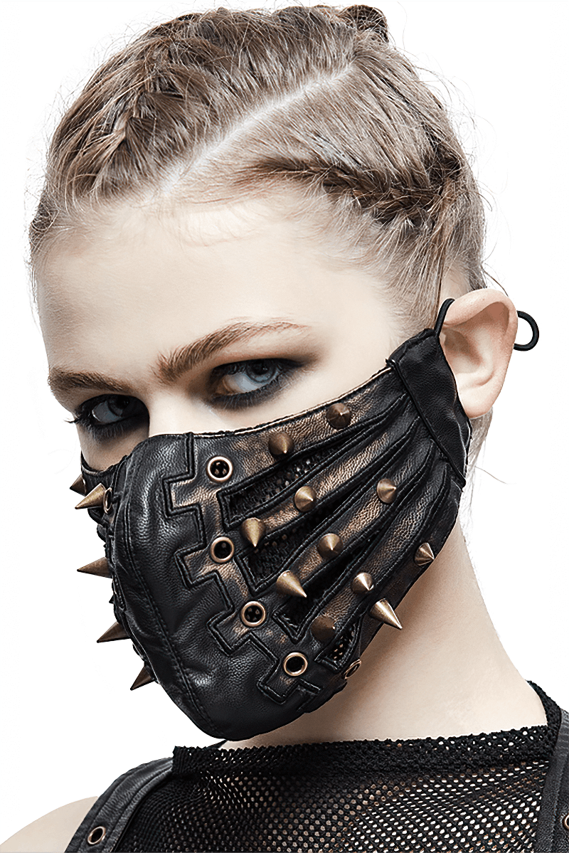 Unisex punk style black PU leather mask with spikes and mesh, ideal for trendy fashion lovers.