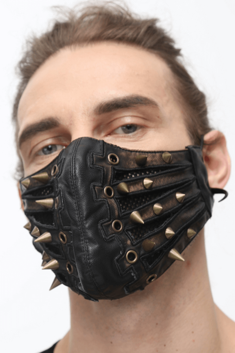 Punk Style PU Leather Mask with Spikes and Mesh / Brown Masks with Rubber Bands to Grip the Ear - HARD'N'HEAVY