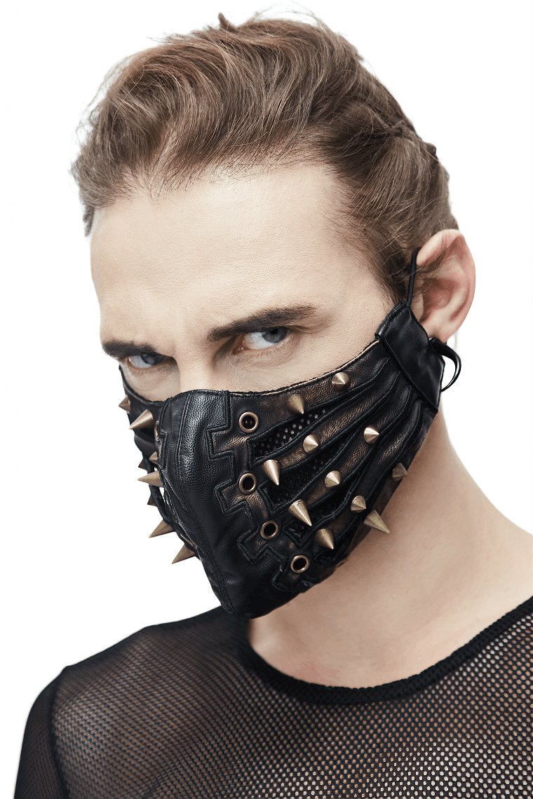 Punk Style PU Leather Mask with Spikes and Mesh / Brown Masks with Rubber Bands to Grip the Ear - HARD'N'HEAVY