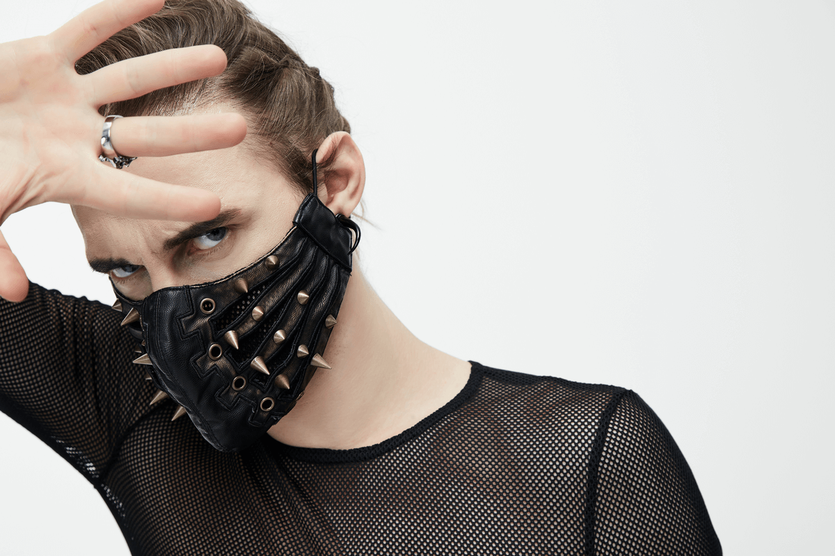 Punk Style PU Leather Mask with Spikes and Mesh / Brown Masks with Rubber Bands to Grip the Ear - HARD'N'HEAVY