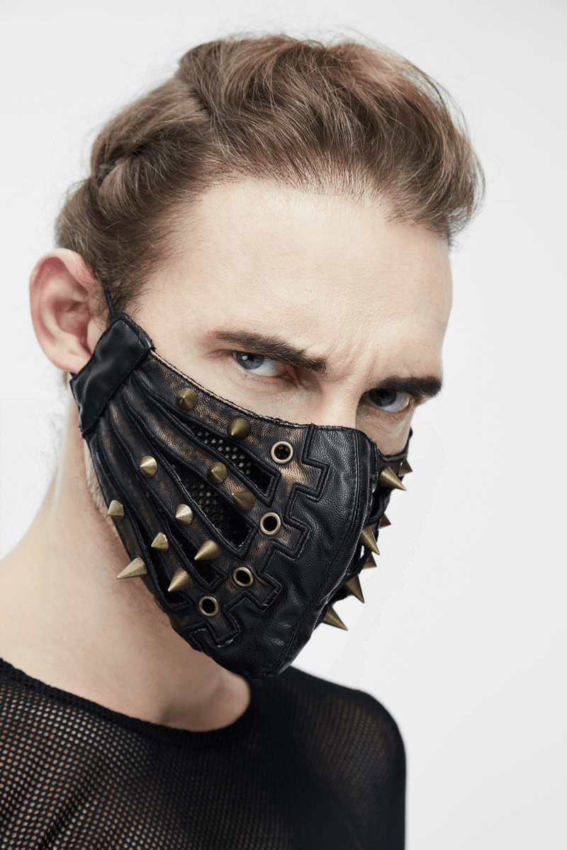 Punk Style PU Leather Mask with Spikes and Mesh / Brown Masks with Rubber Bands to Grip the Ear - HARD'N'HEAVY