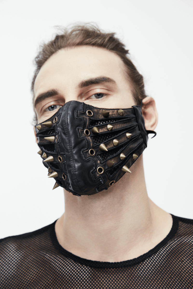 Punk Style PU Leather Mask with Spikes and Mesh / Brown Masks with Rubber Bands to Grip the Ear - HARD'N'HEAVY