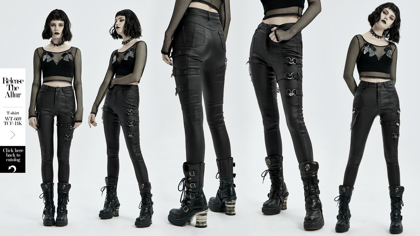 Punk-style black PU leather leggings with edgy chain accents, showcasing a sleek silhouette and rebellious design.