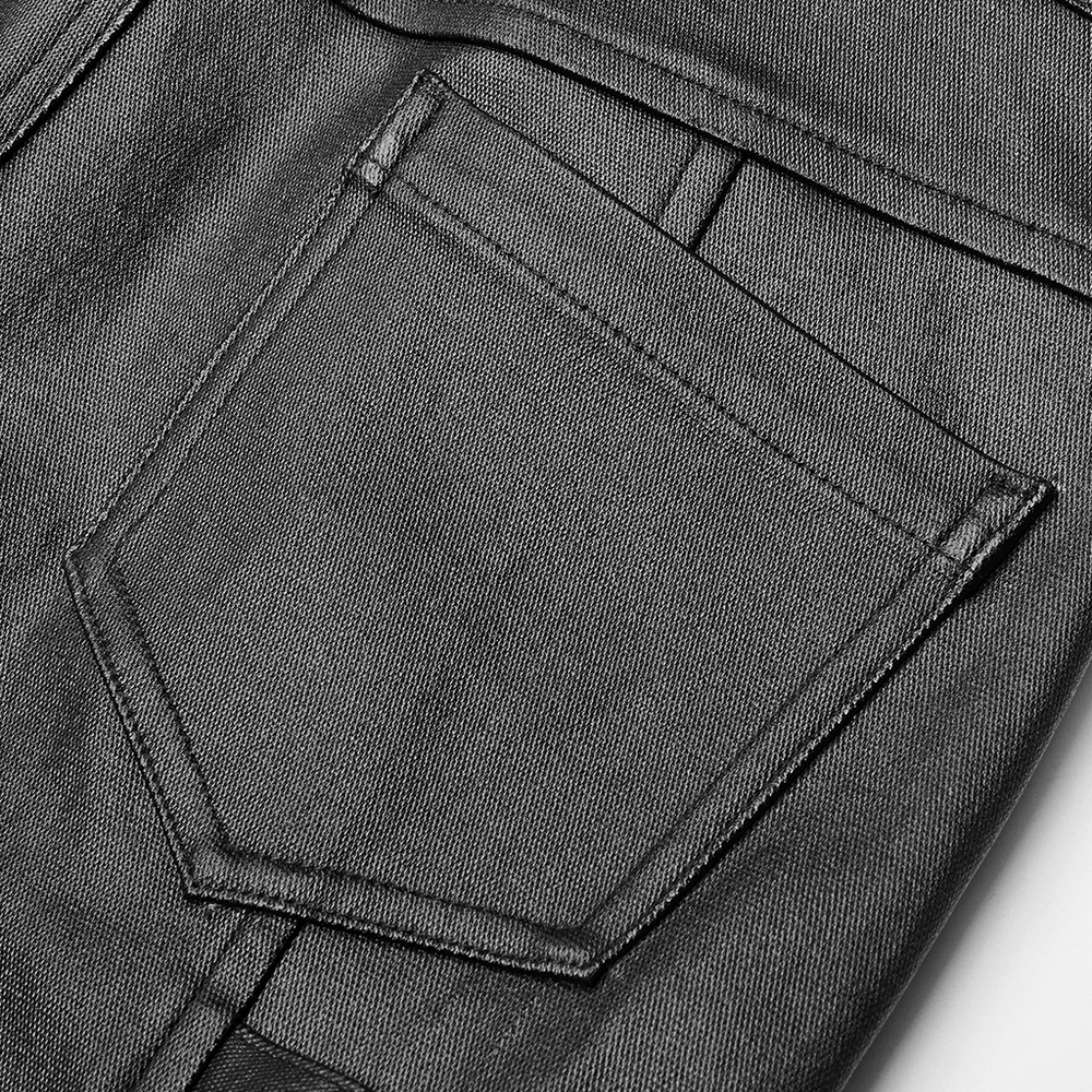 Close-up of punk-style PU leather pants pocket, showcasing the edgy design with sleek stitching and dark fabric.