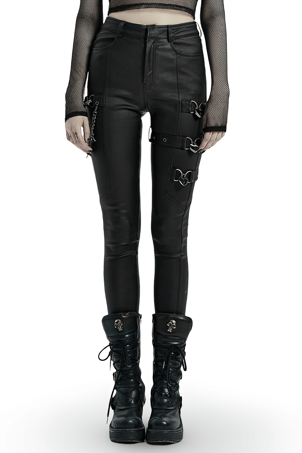 Punk-style PU leather leggings with chain accents and hardware love locks, showcasing a sleek silhouette.