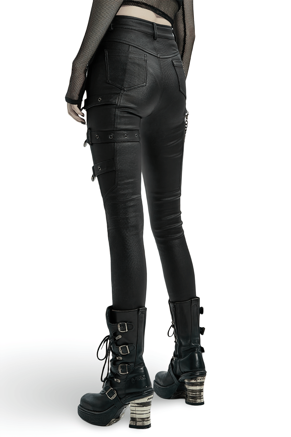 Punk-style PU leather pants with chain accents, showcasing a sleek silhouette and edgy detailing from the back.