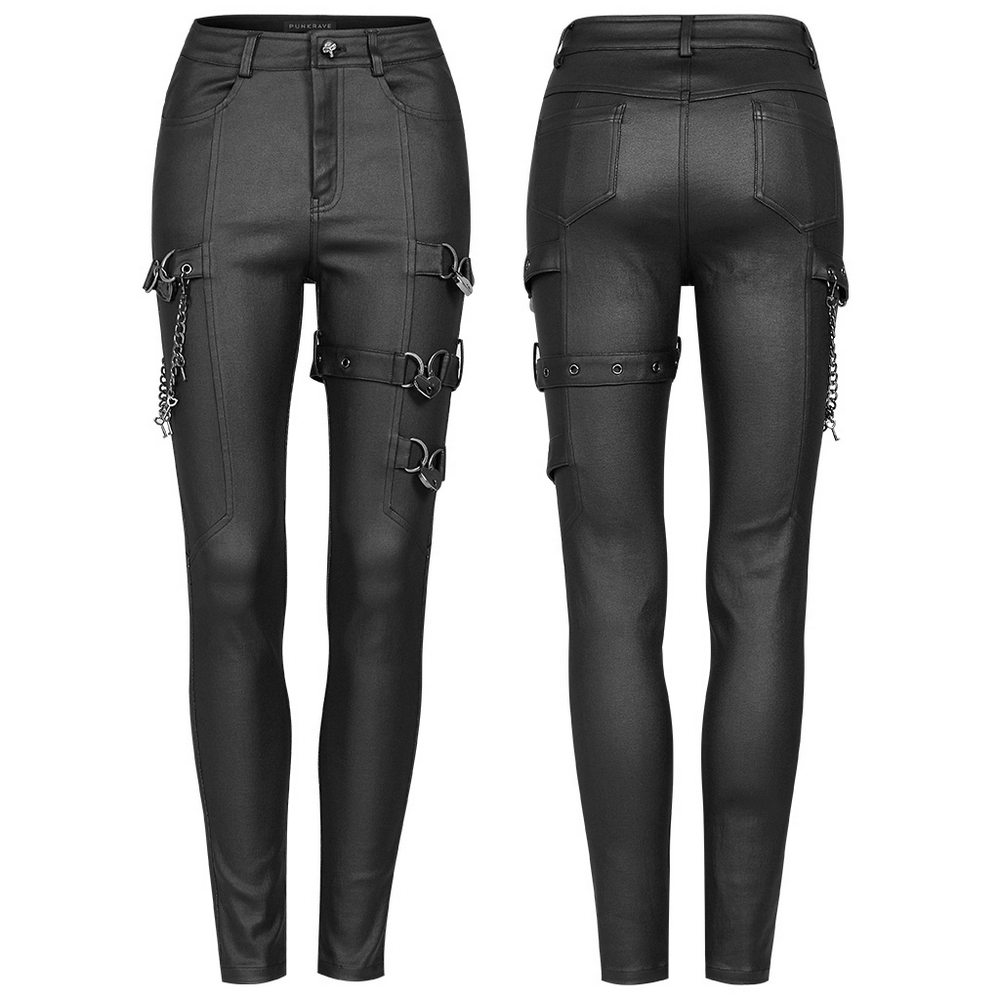 Punk-style PU leather pants with chain accents and edgy hardware, perfect for a sexy, rebellious look.