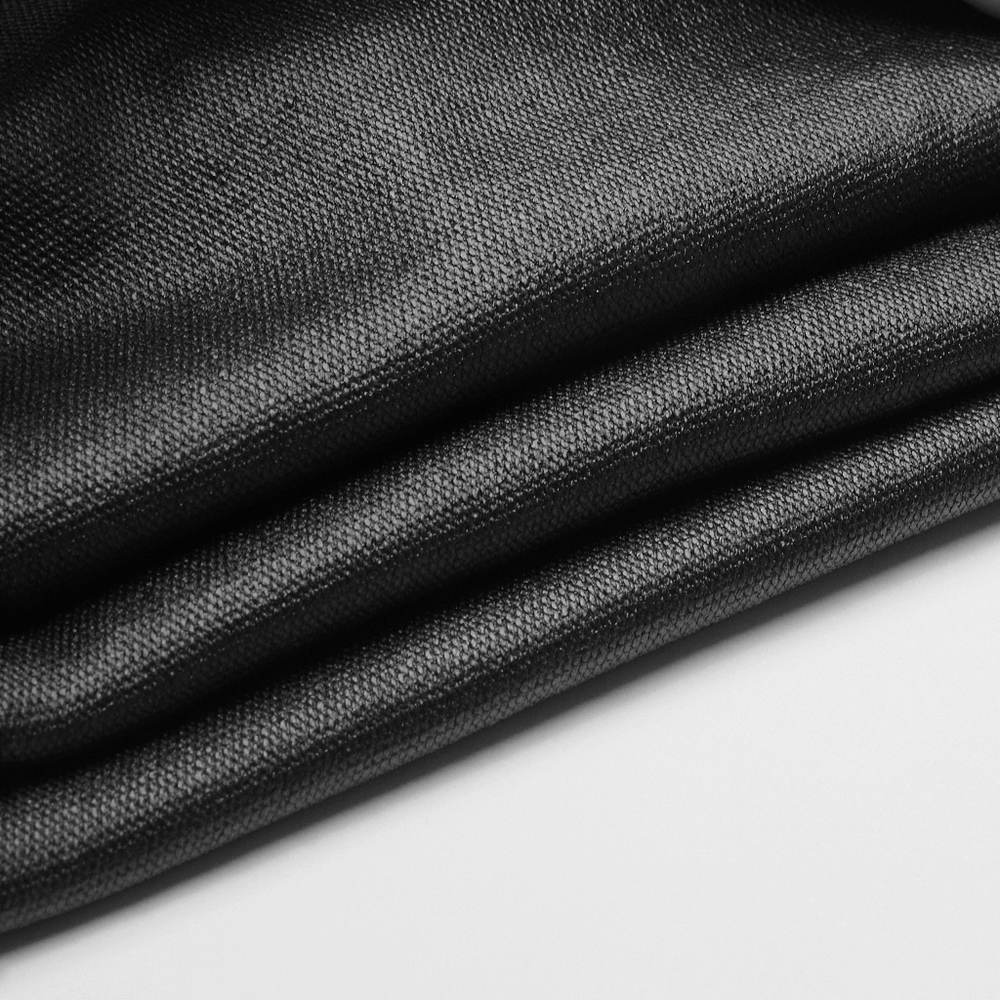 Close-up of black PU leather fabric showcasing its smooth texture, perfect for punk-style leggings.