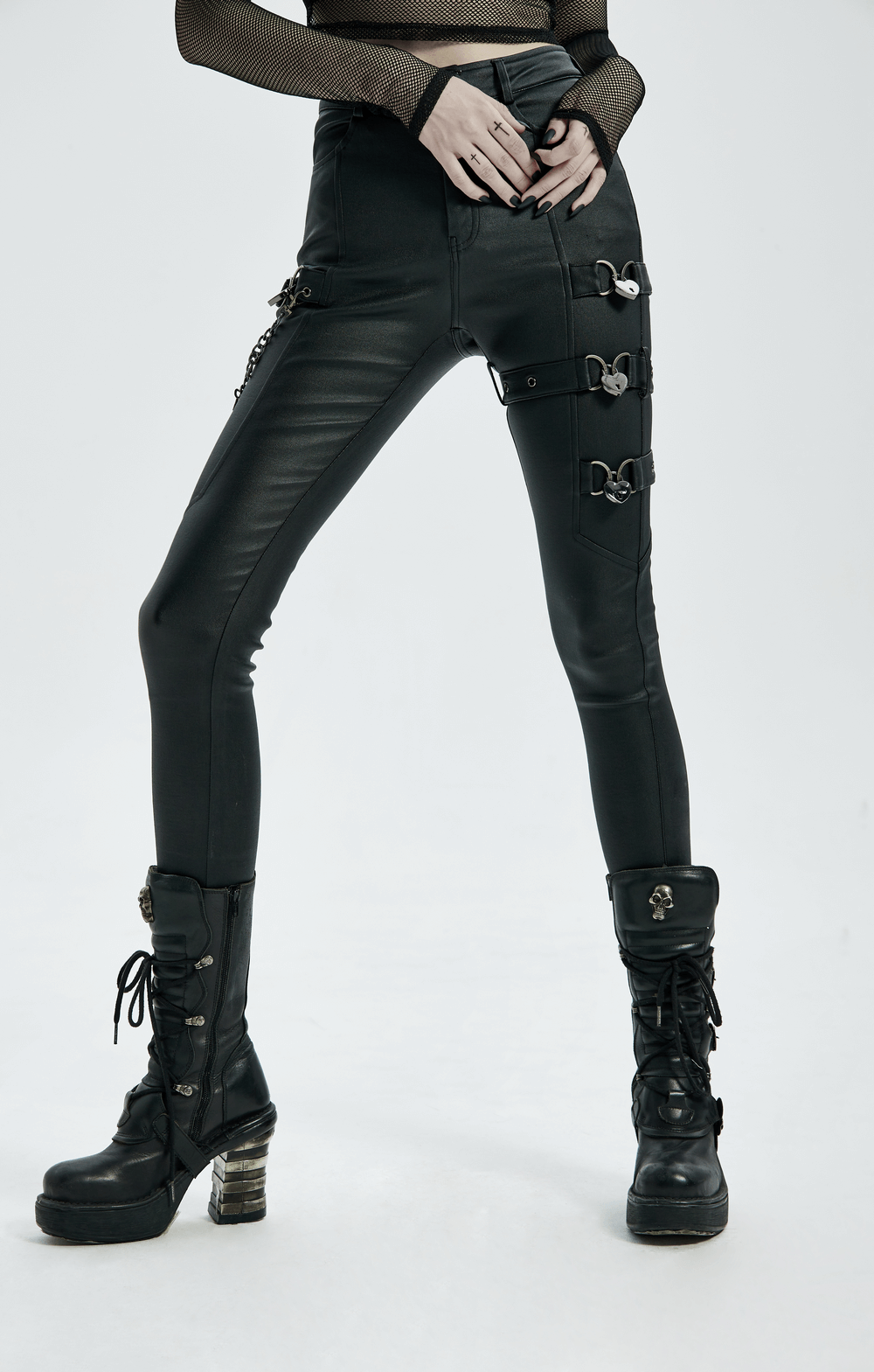 Punk-style PU leather pants with chain accents and lock details, perfect for a rebellious, edgy look.