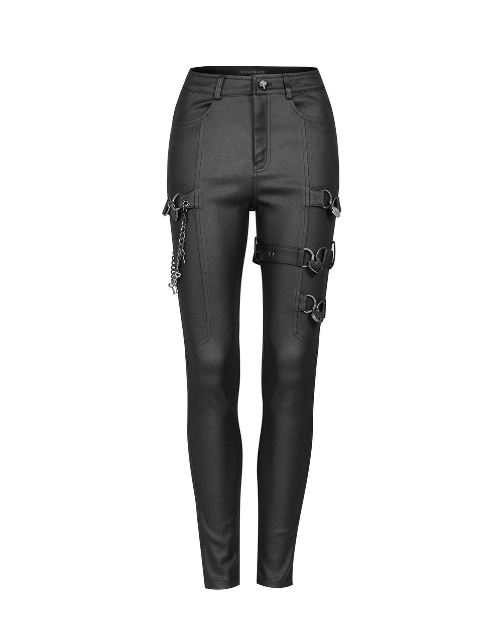 Punk-style PU leather pants featuring chain accents and sexy lock details for a rebellious edge.