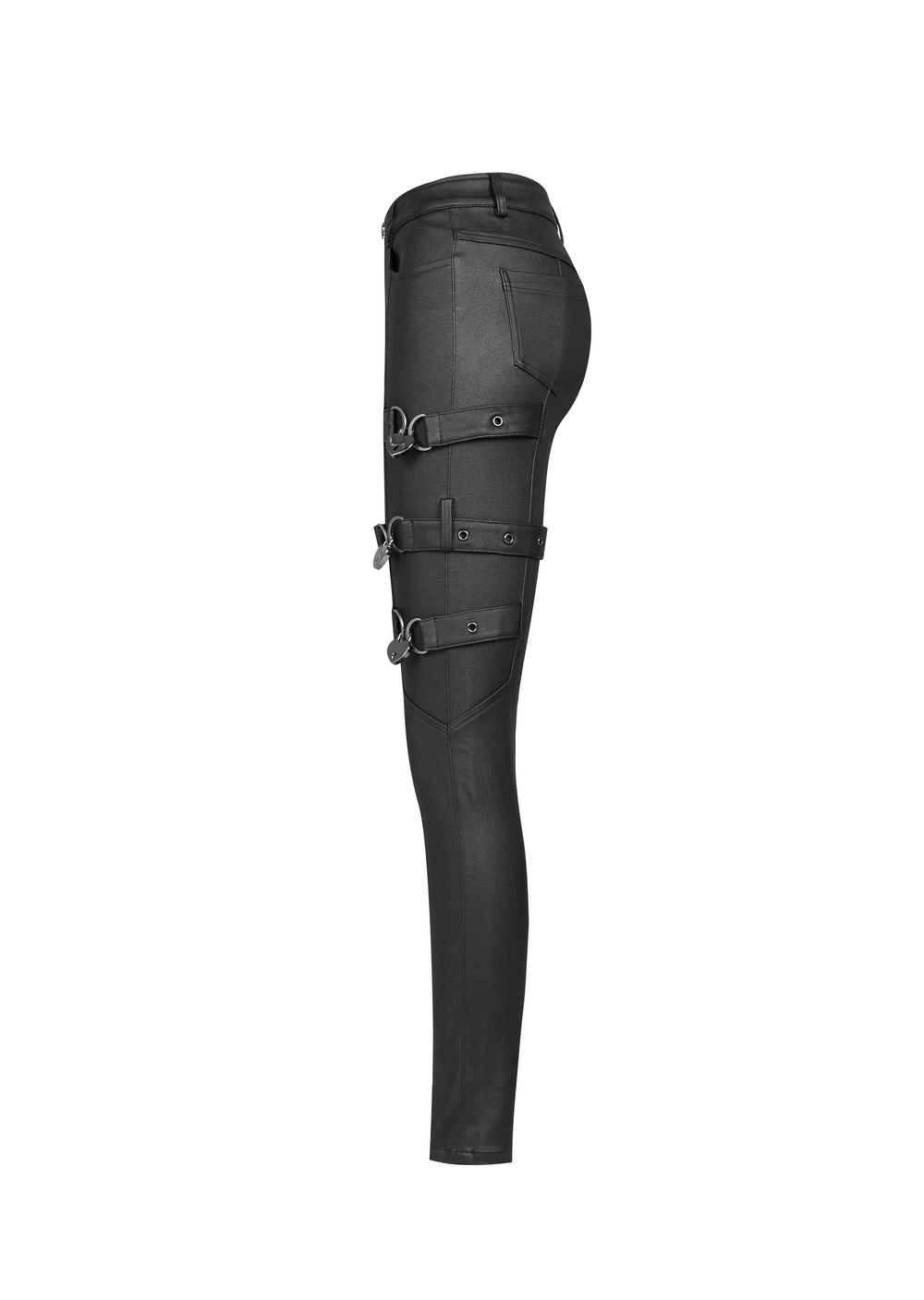 Punk-style PU leather pants with side chain accents, showcasing a sleek silhouette and rebellious design.