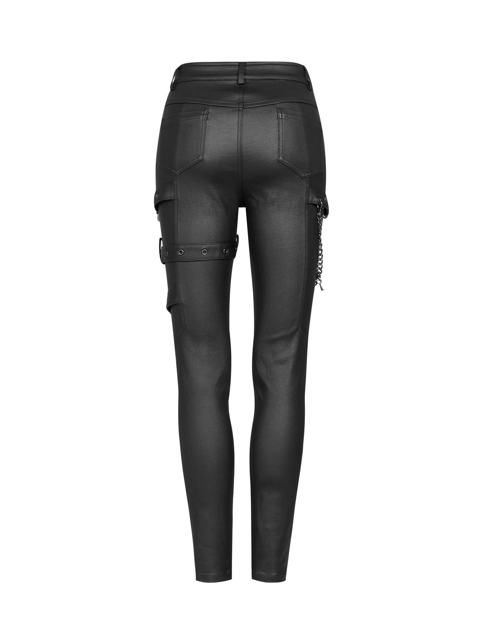Back view of punk-style PU leather pants with chain accents, showcasing a sleek fit and rebellious details.