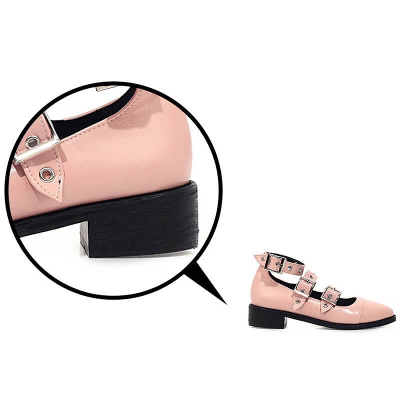 Punk style PU leather pumps in pink with buckle straps, showcasing edgy design and sturdy low heel.