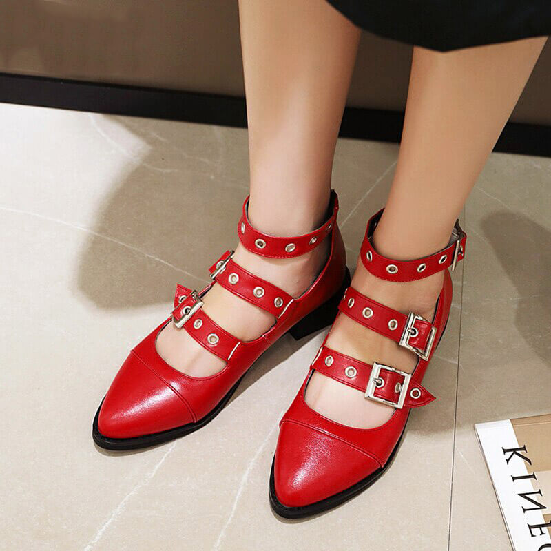 Punk style red PU leather pumps with buckles straps for women, perfect for an edgy, alternative fashion look.