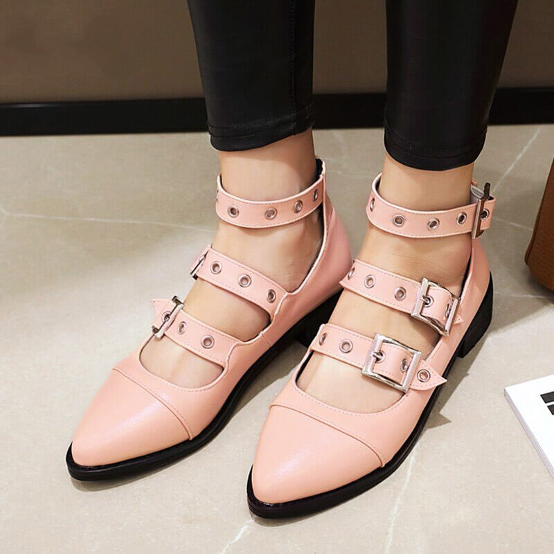 Pink punk style PU leather pumps with buckles, stylish alternative footwear for fearless women.