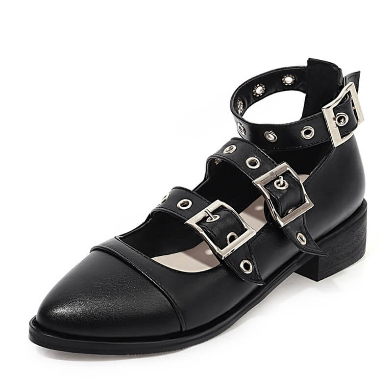 Punk style black PU leather pumps with buckle straps, ideal alternative fashion footwear for bold women.