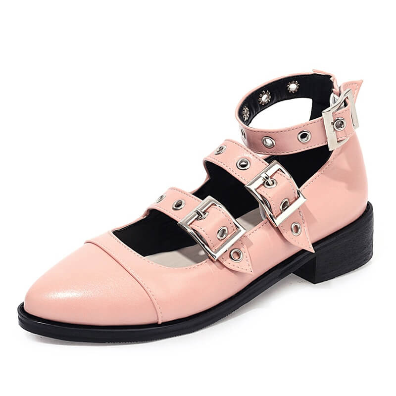Punk style pink PU leather pumps with bold buckle straps for women, perfect for alternative fashion.
