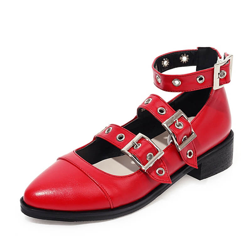 Bold red punk style PU leather pumps with buckle straps, perfect for edgy alternative fashion.