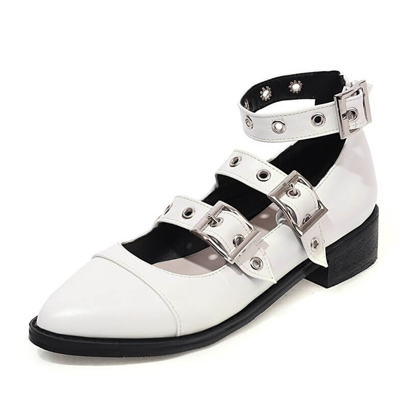 Punk style white PU leather pumps with buckle straps for women, edgy alternative fashion footwear.
