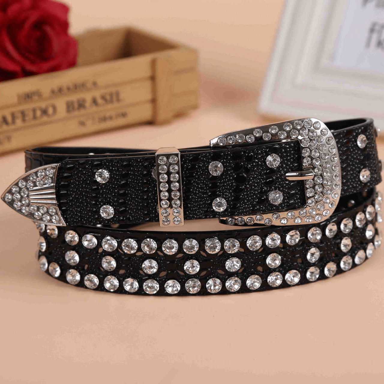 Punk Style Rhinestone Black PU Leather Belt / Luxury Female Accessories - HARD'N'HEAVY