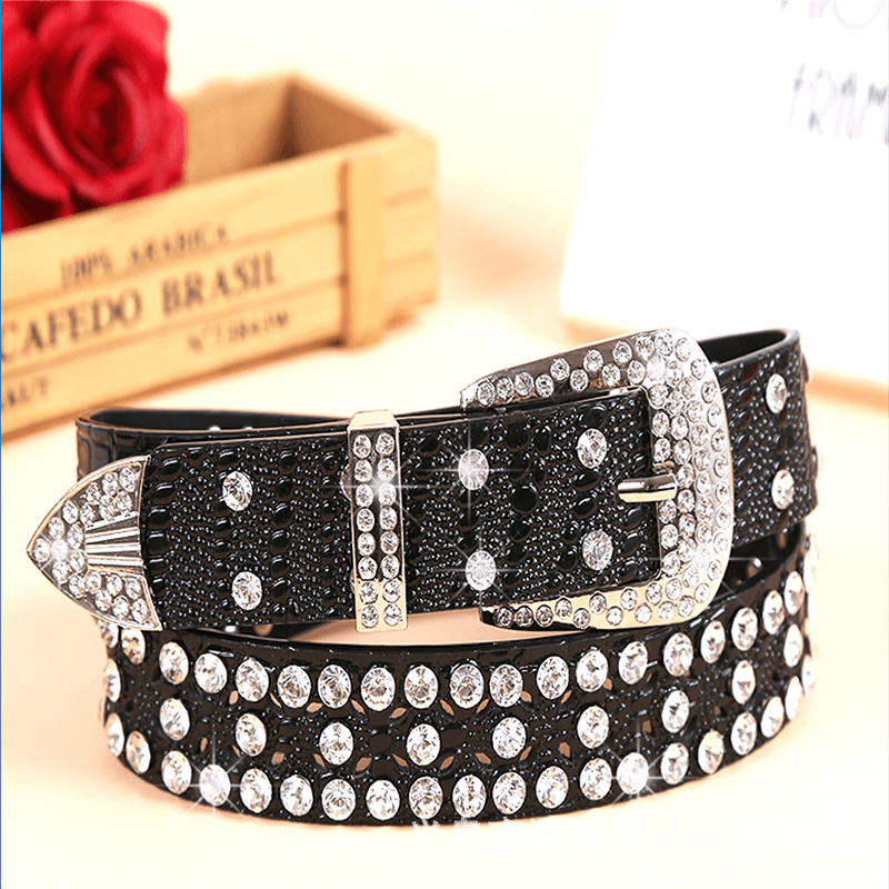 Punk Style Rhinestone Black PU Leather Belt / Luxury Female Accessories - HARD'N'HEAVY