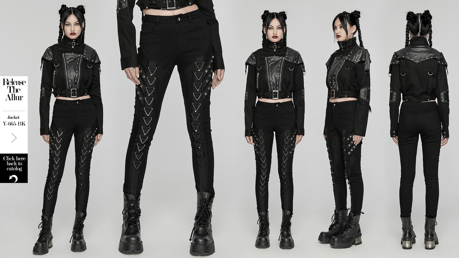 Edgy punk style outfit featuring black leather jacket and spliced denim jeans with rivets and unique design.