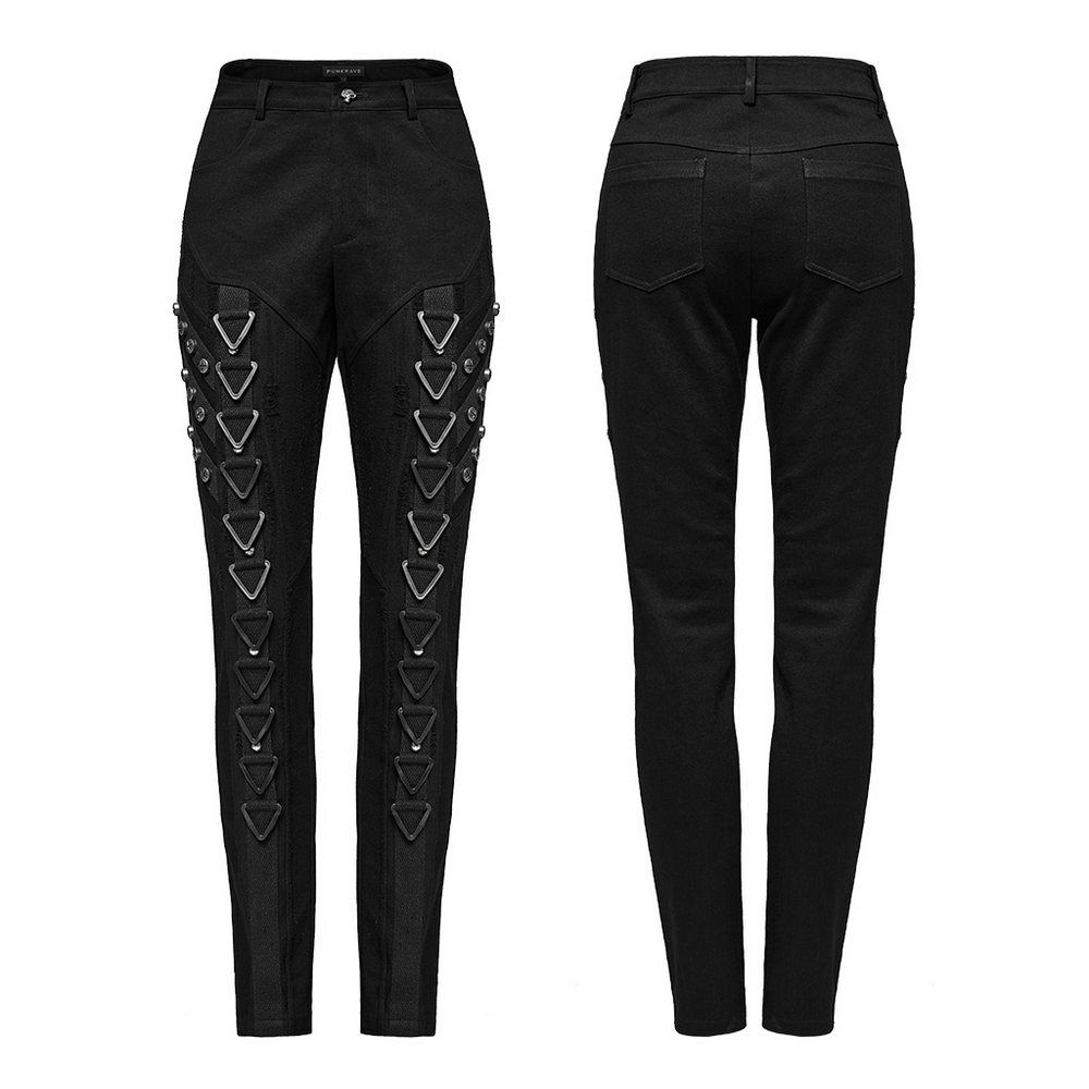 Edgy black punk style denim jeans with triangular buckles and rivets, front and back view.
