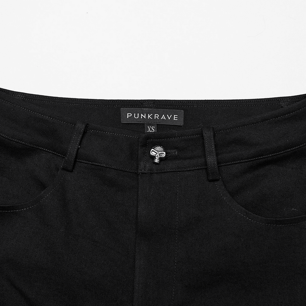 Punk style women’s black denim jeans featuring unique spliced design and metal accents for an edgy look.