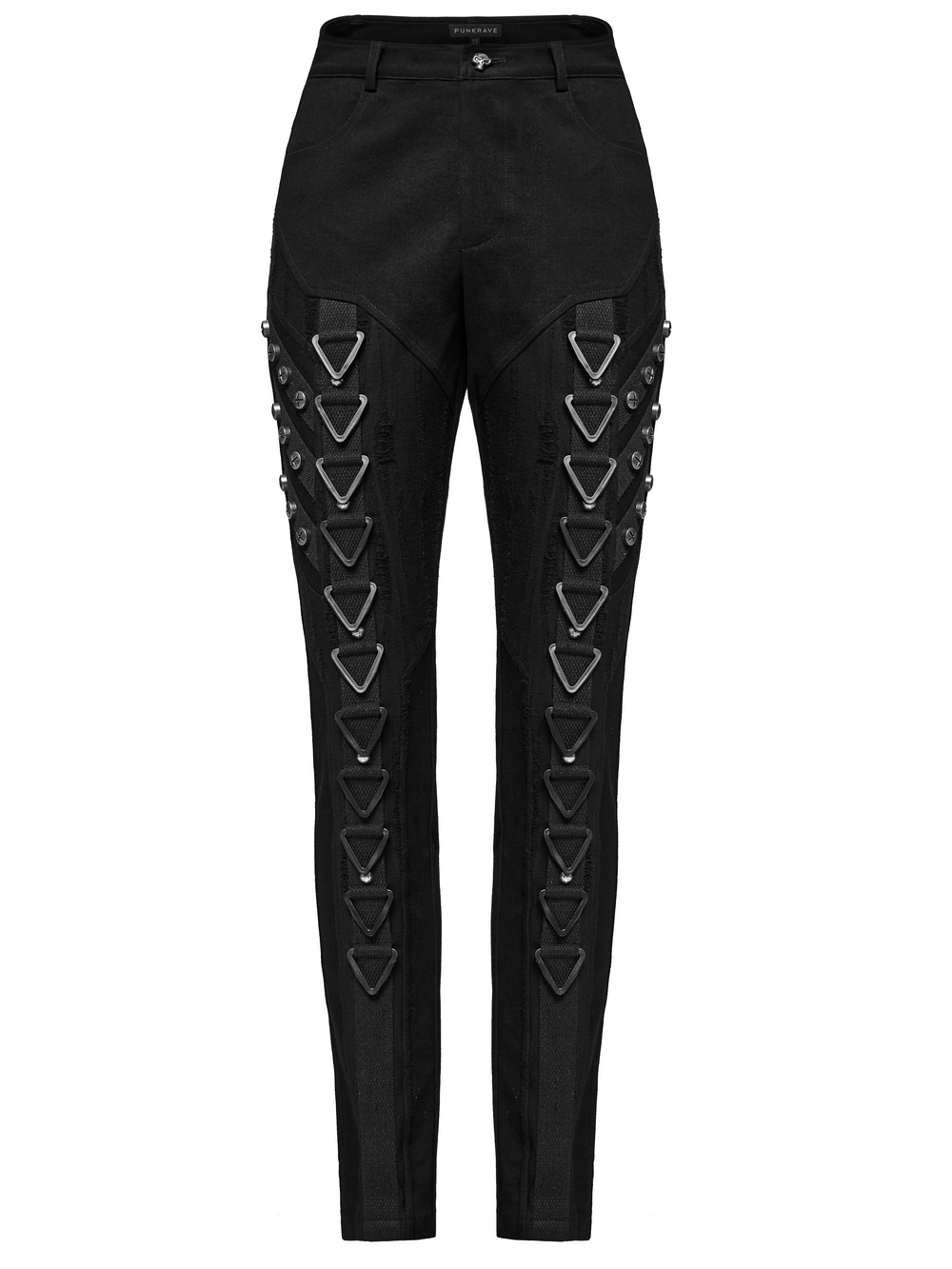 Punk style black denim jeans for women with triangle buckles and shiny rivets, combining edgy fashion and comfort.