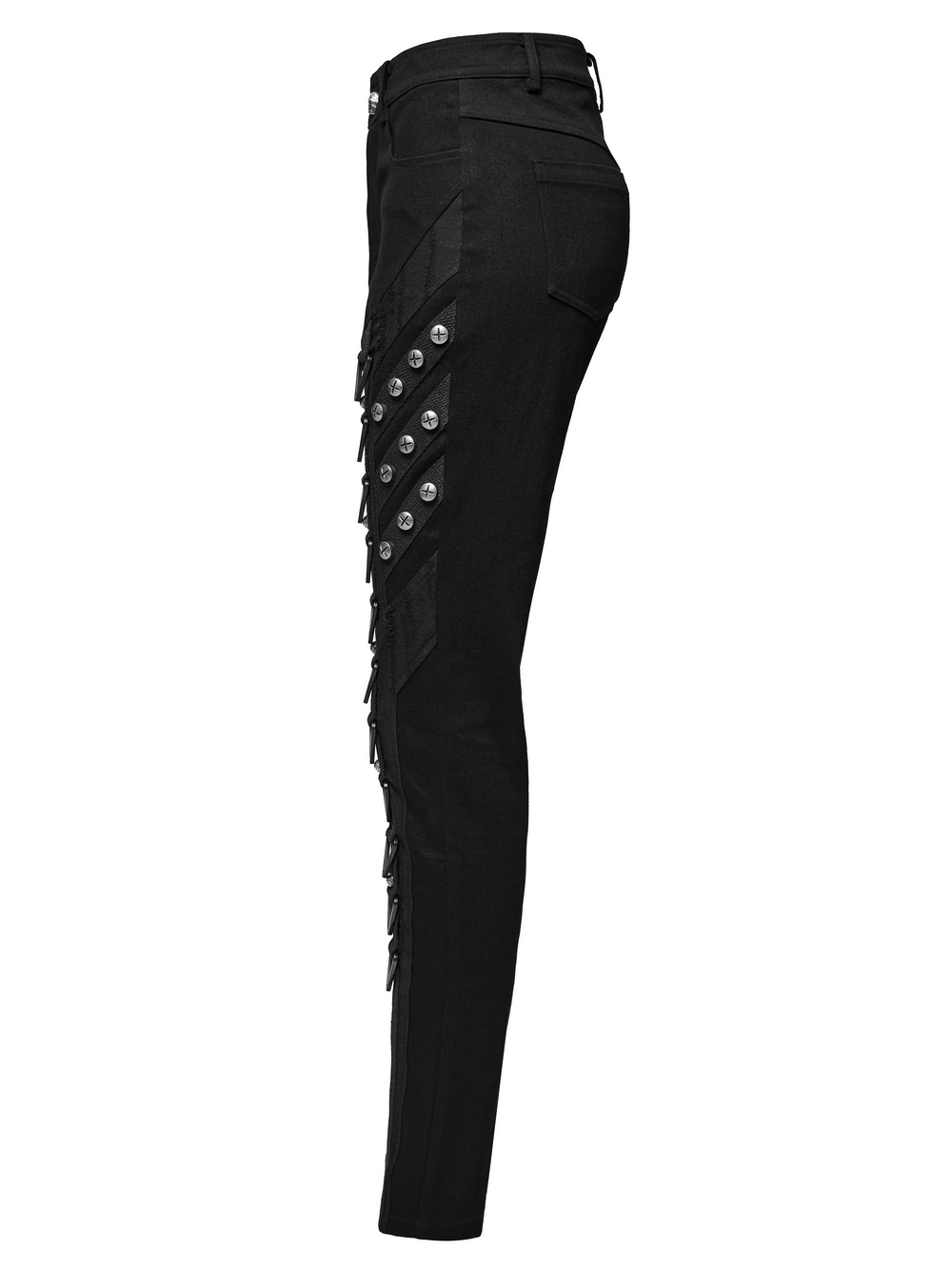 Edgy punk style black denim jeans for women featuring spliced side webbings and shiny rivets.