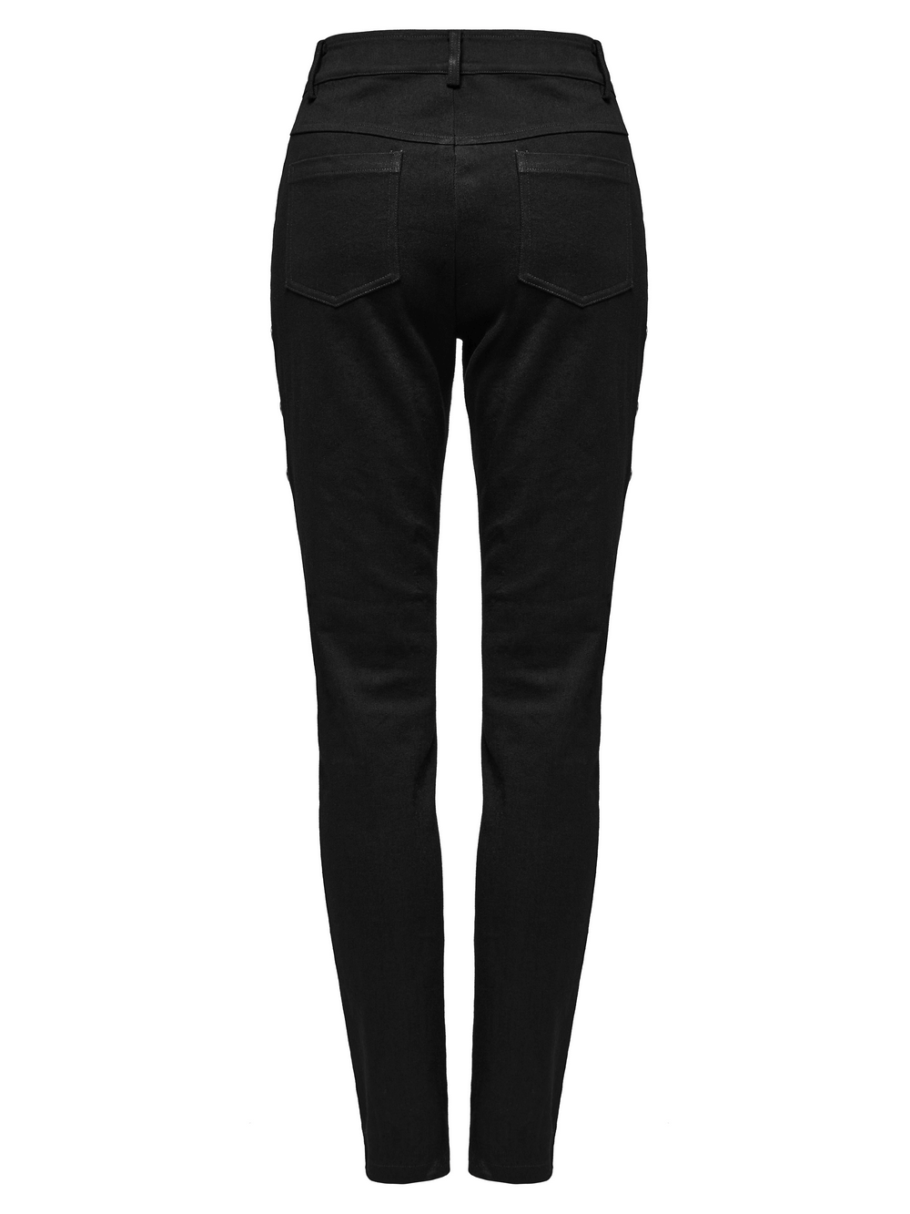 Back view of black elastic denim jeans for women, featuring a sleek design and classic five-pocket style.