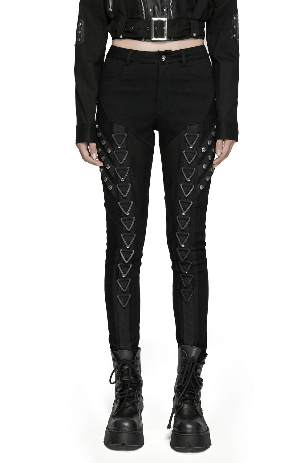 Punk style women's denim jeans with rivets and triangular buckles, showcasing a unique edgy look.