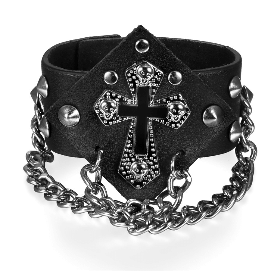 Punk-style rivets and spikes bracelet with cross and chain, bold gothic fashion accessory for a rebellious look.