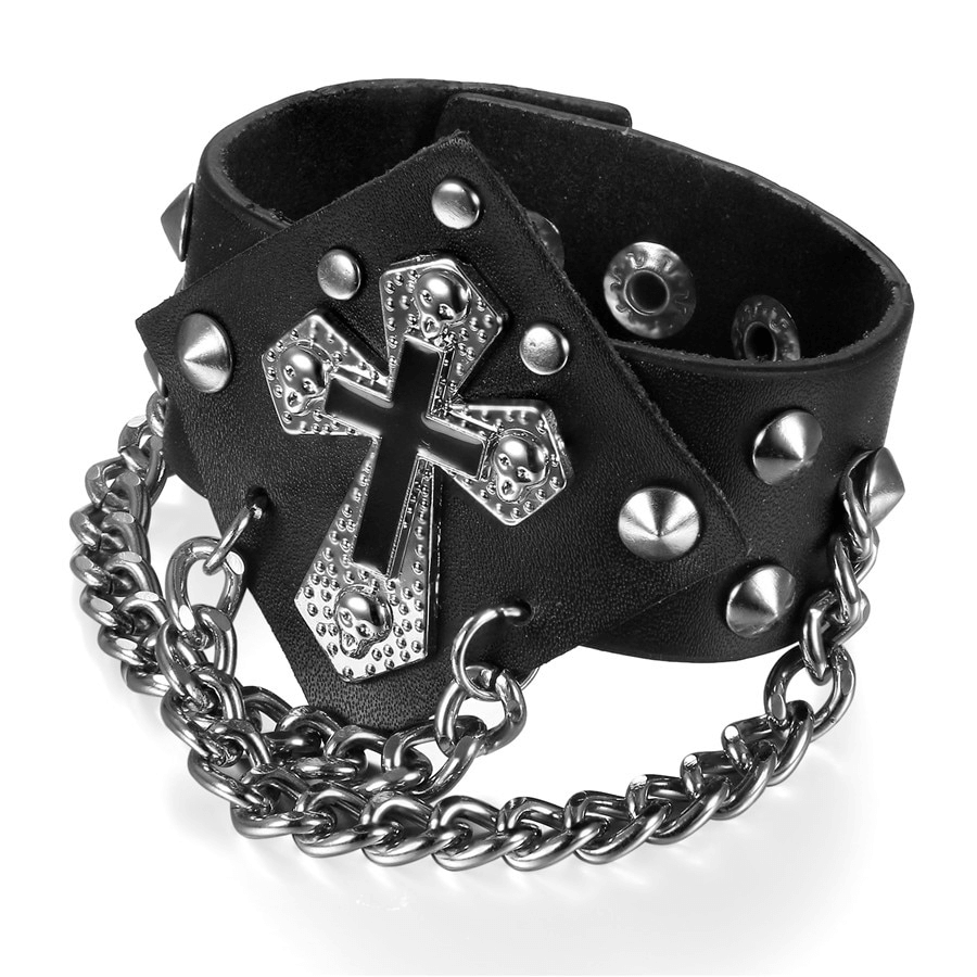 Punk style black bracelet with cross, rivets, spikes, and chain for a bold gothic fashion statement.