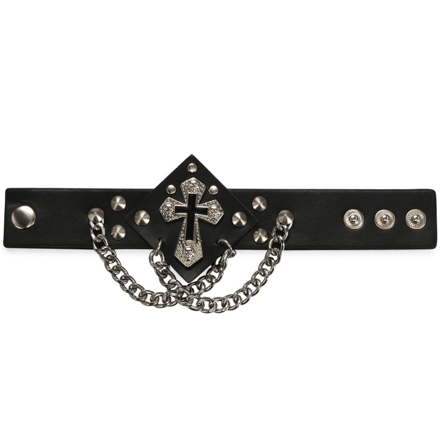 Punk style bracelet with rivets, spikes, cross design, and chain for a gothic fashion statement.