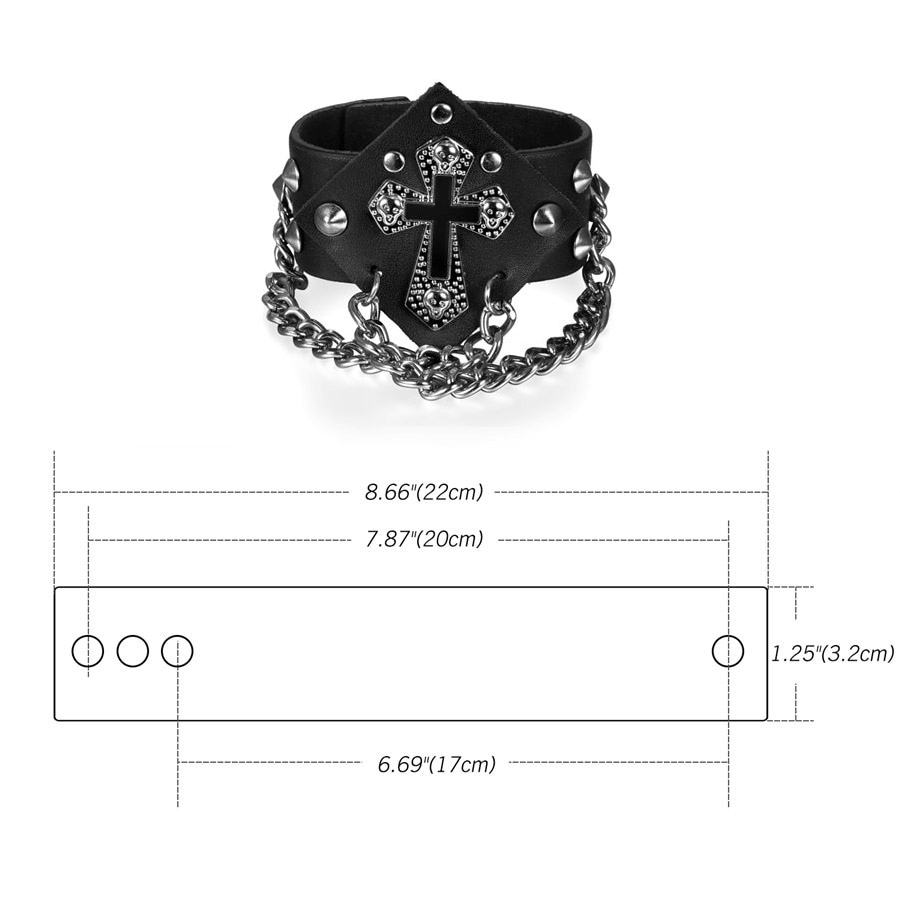 Punk style rivets and spikes bracelet with cross and chain, measuring 8.66" x 1.25" for an edgy fashion statement.